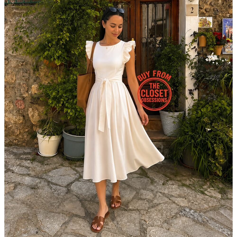 ZARA Ruffled Midi Dress NWT | Ecru Cotton Fit & Flare Belted Size M/L - Picture 3 of 16